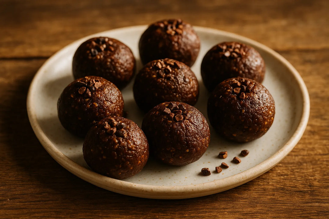 Energy Balls mit Kakaonibs auf einem Teller