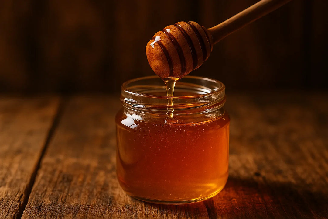 Goldener Palisander Honig im Glas mit Honiglöffel