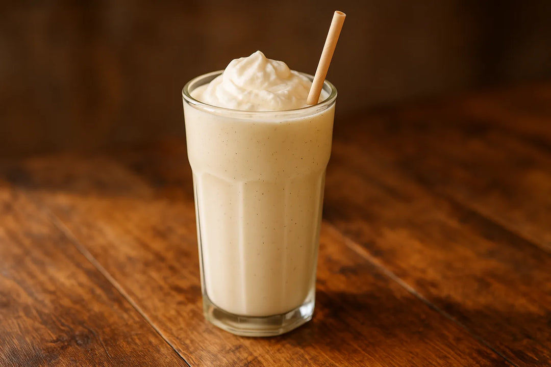 Cremiger Vanille Shake im Glas mit Strohhalm