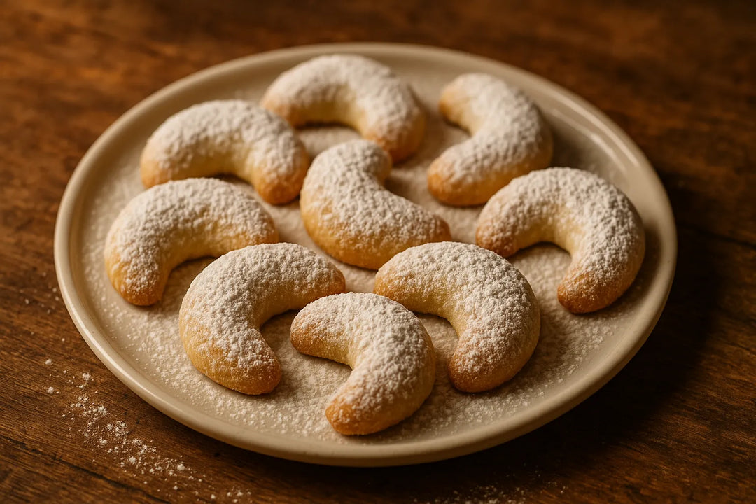 Vanillekipferl mit Puderzucker auf einem Teller