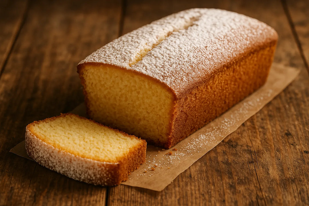 Saftiger Vanillekuchen als Rührkuchen mit Puderzucker auf Holz