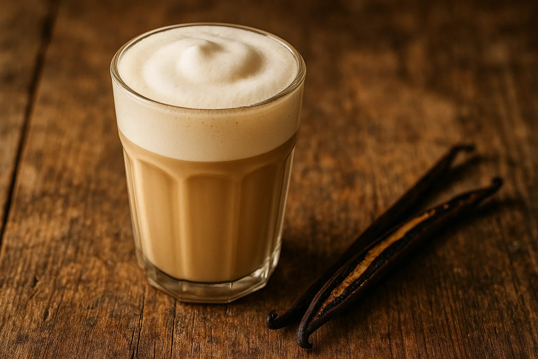 Vanillelatte mit Milchschaum im Glas auf Holz