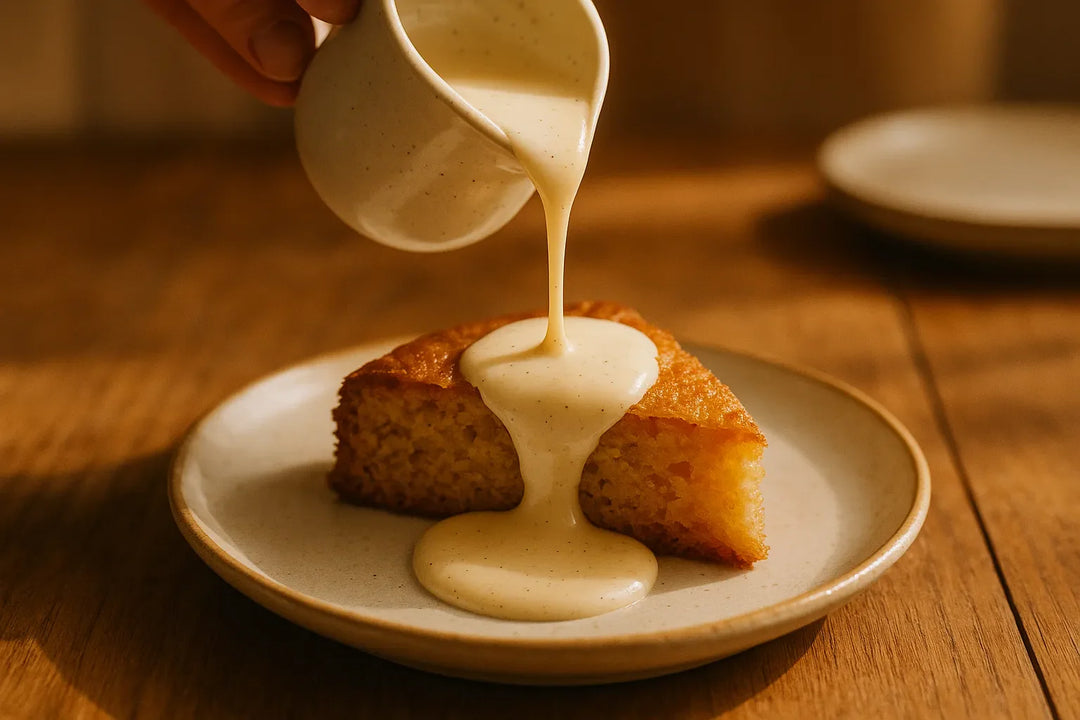 Cremige Vanillesauce wird über ein Dessert gegossen