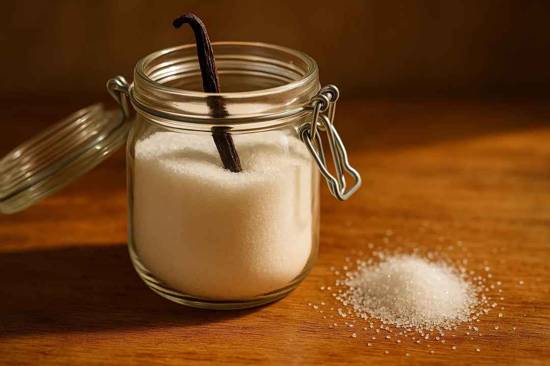 Selbst gemachter Vanillezucker im Glas mit einer Vanilleschote