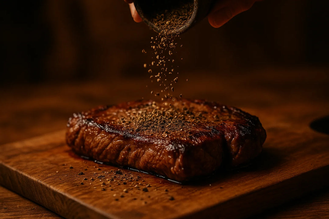 Grob gemörserter Voatsiperifery Urwaldpfeffer über einem Steak