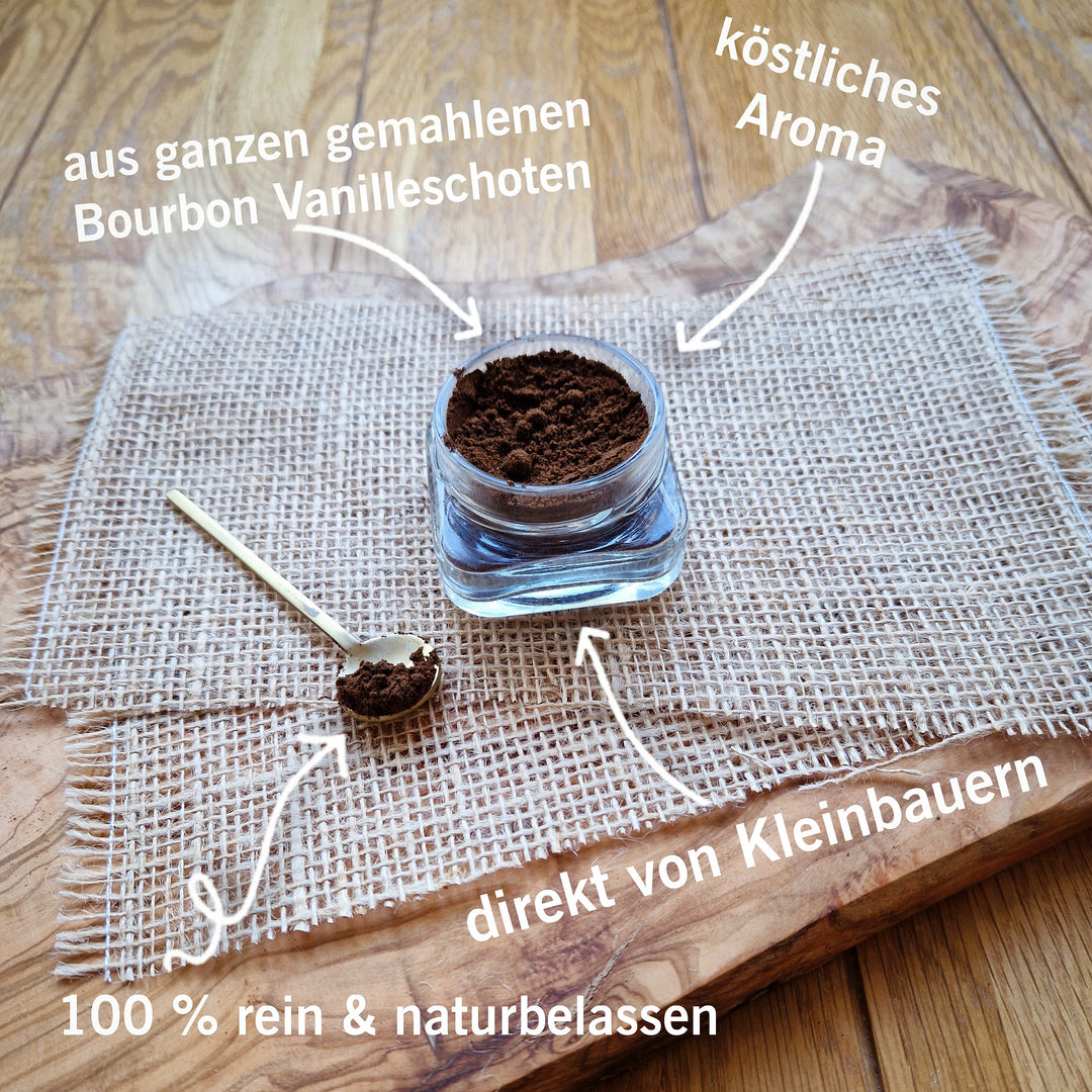 Bourbon Vanillepulver im Glas – aus ganzen Vanilleschoten, fein gemahlen, 100 % naturbelassen, intensiv aromatisch - direkt von Kleinbauern